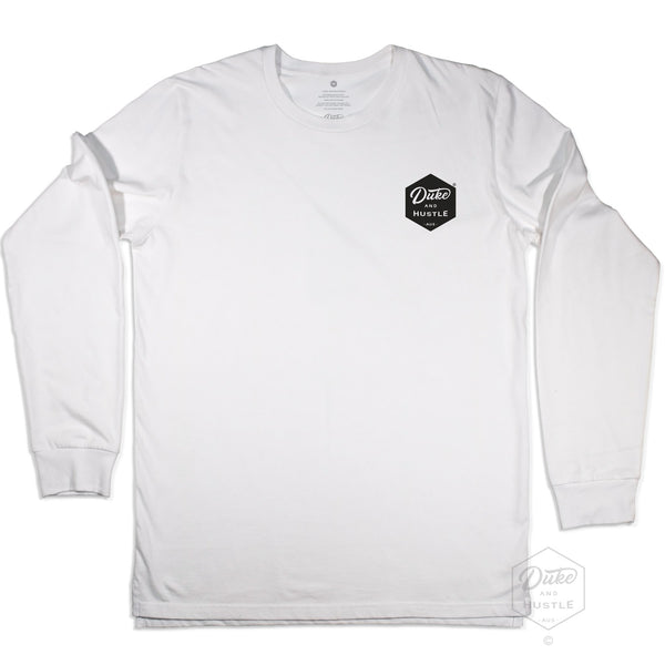 The Six Sider, our basic Unisex Long Sleeve Logo Tee, in White, front, chest pocket logo in black